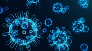 Coronavirus outbreak. Pathogen affecting the respiratory tract. COVID-19 infection. Concept of a pandemic, viral infection. Coronavirus inside a human. Viral infection causing chronic disease. 3D illustration